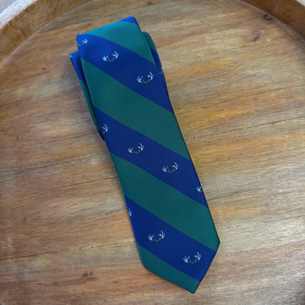 American Eagle Necktie OS Blue Green Striped Antler Embroidered‎ Repp Tie Mens